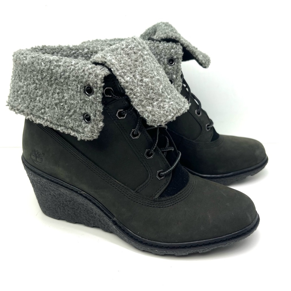 Timberland Women's Earthkeepers Amston Roll Top Fuzzy Black Wedge Booties